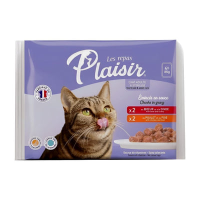 Plaisir – Pack pâtée chat bœuf et poulet 4 x 85 g – La Passion Canine Maroc