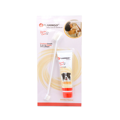Flamingo – Kit dentifrice au poulet et brosse pour chien 85 g – La Passion Canine Maroc