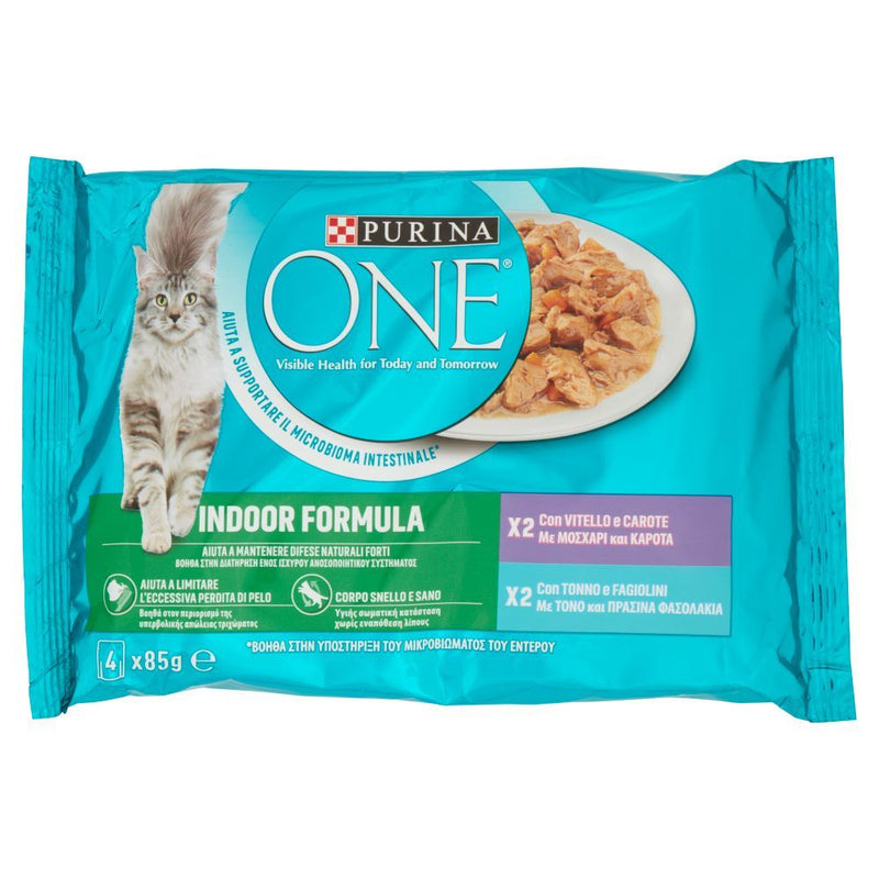 Purina ONE Indoor – Pâtée chat d'intérieur veau et thon 4x85 g