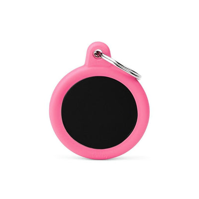 MyFamily – Médaille aluminium cercle noir bord caoutchouc rose – La Passion Canine Maroc